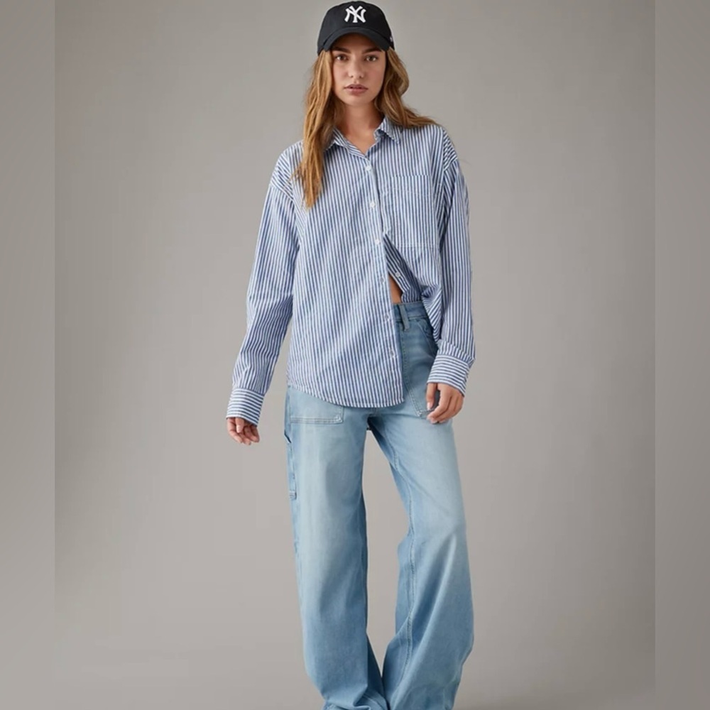 Zenana Outfitters Blue and White Striped Button-Down Shirt